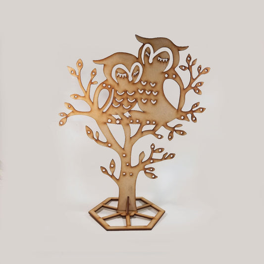 Exhibidor Madera 3mm Arbol Buhos Pequeno 20cm