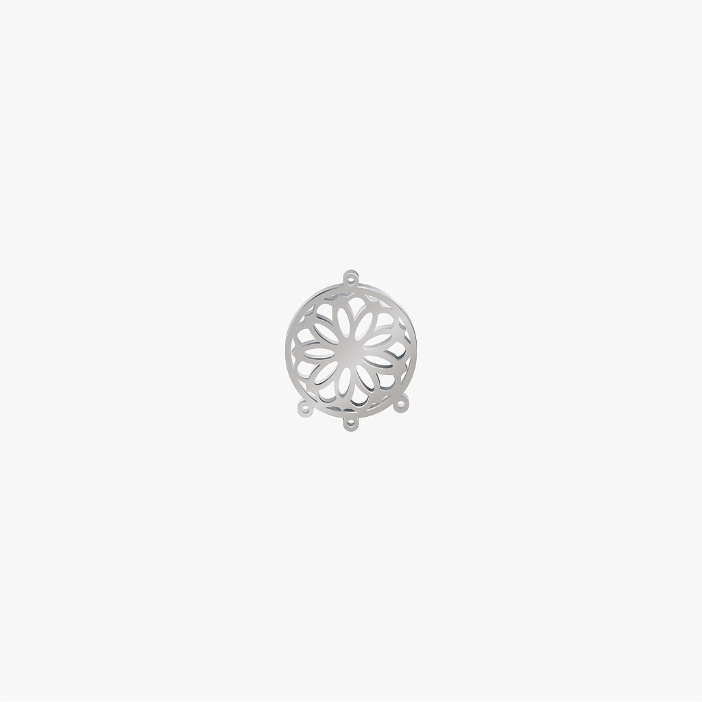 DIJE ACERO CIRCULO MANDALA FLOR PLATEADO 21*16MM *1MM 4 ARGOLLAS