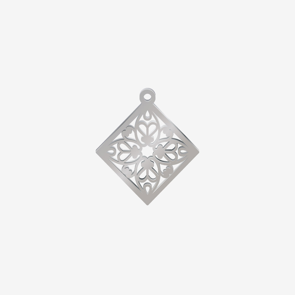 DIJE ACERO ROMBO FLORES CORAZON PLATEADO 22*20MM 1 ARGOLLA