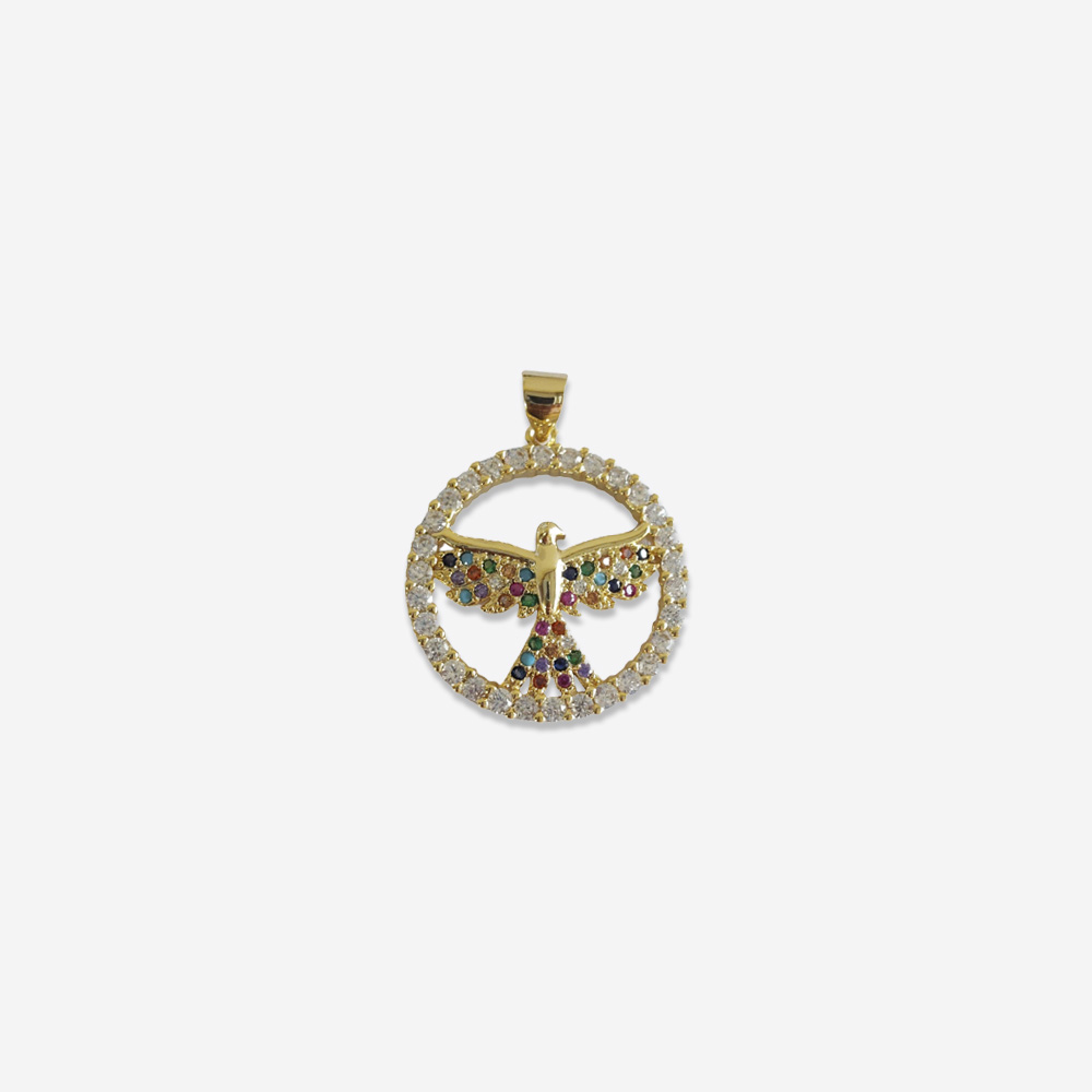 DIJE CIRCULO AVE BANO ORO DORADO CON CIRCONITA MULTICOLOR 22MM